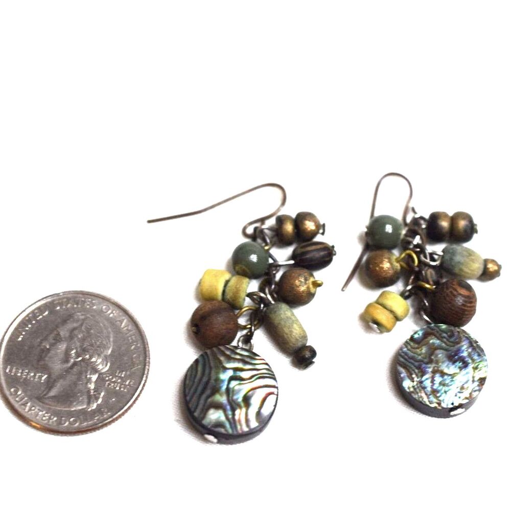Stunning Vintage 70's Abalone/Wood Beads Dangle Hook Grunge Boho Earrings